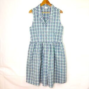 Vermont Country Store Plaid Cottagecore Seersucker Sleeveless Dress‎ Medium Blue